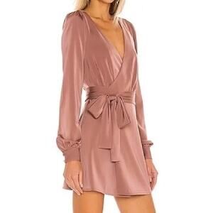 NBD Janet Mauve Satin Mini Wrap Dress Long Slv Bachelorette Party Date Night S